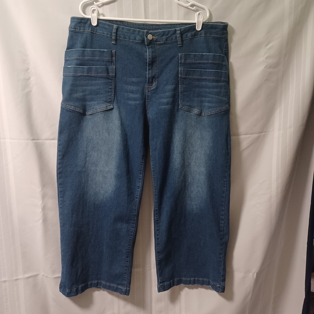 Unbranded Wide Leg Crop Jeans Womens 5XL Blue Denim High‎ Rise Utility Pockets